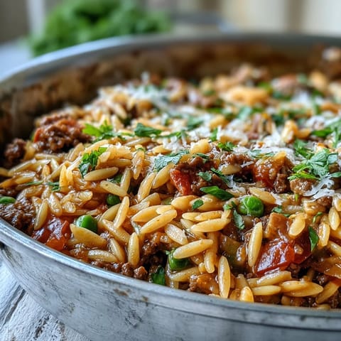 This skillet of Comforting Ground Beef Orzo Dinner shows steaming, juicy tomatoes and fresh herbs topped with melted Parmesan cheese.