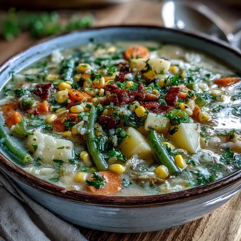 Serving Amish Snow Day Soup garnished with fresh parsley alongside a rustic slice of crusty bread.