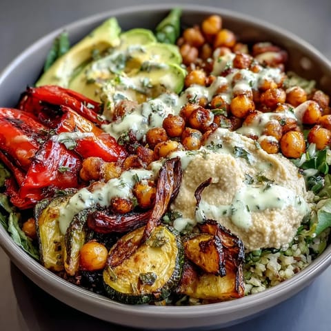A close-up shows creamy tahini dressing drizzled over a vibrant Vegan Mediterranean Buddha Bowl, garnished with Kalamata olives and sliced avocado.