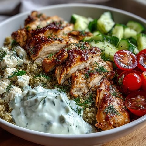 Freshly prepared Greek Chicken Power Bowl featuring golden sliced chicken over quinoa, dotted with red onion, Kalamata olives, and a generous dollop of tangy tzatziki sauce.
