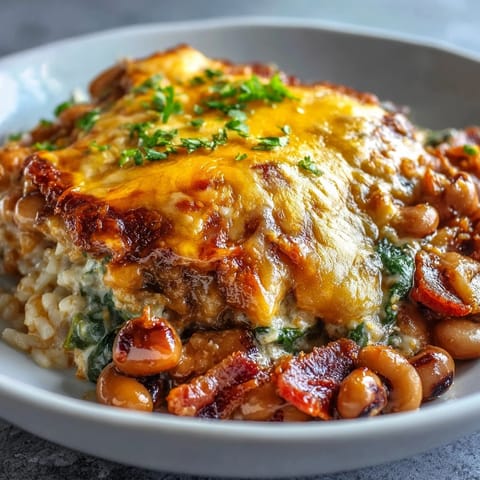 Bubbling Tex-Mex Black Eyed Pea Casserole fresh from the oven, featuring golden melted cheese and a hearty side of creamy avocado slices.