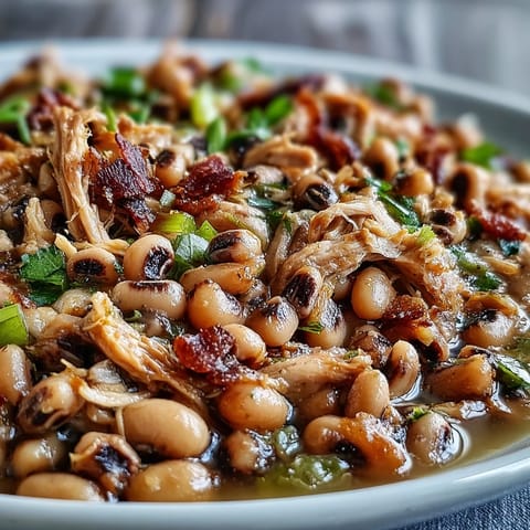 Steaming black-eyed peas with smoked turkey served in a white bowl, alongside warm cornbread and a dash of hot sauce.