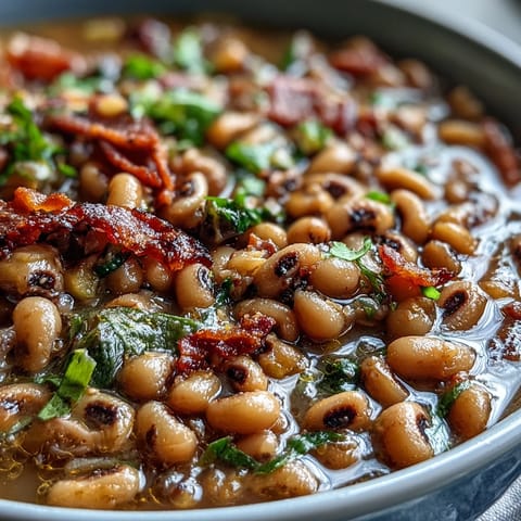 A hearty bowl of Texas Black-Eyed Peas garnished with cilantro and green onions, served beside golden cornbread.  