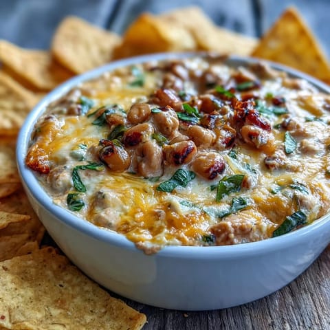 Steaming hot Black-Eyed Pea Dip topped with melted cheddar and diced jalapeños, served with tortilla chips for a Southern appetizer.  