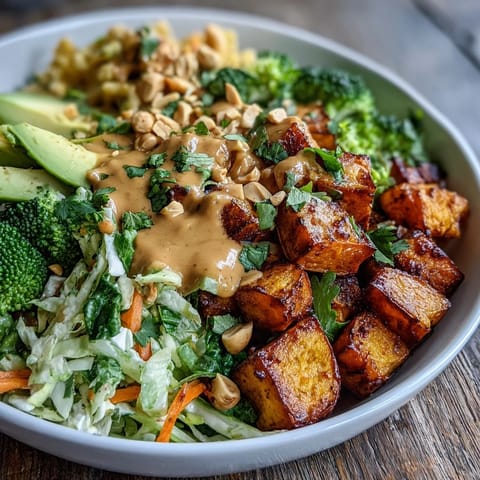 Colorful Thai Peanut Sweet Potato Buddha Bowl with shredded cabbage, grated carrots, and chopped peanuts, served fresh in a white ceramic bowl.