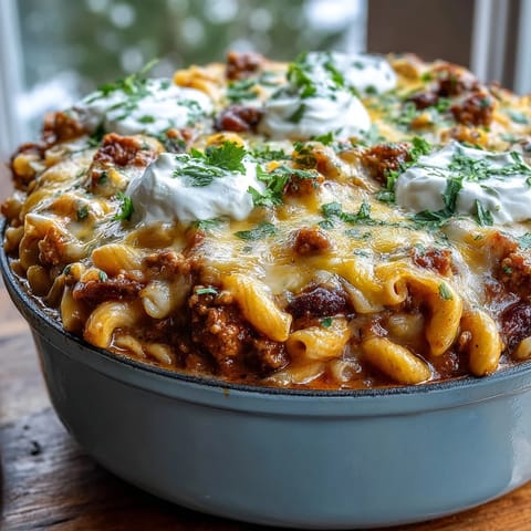 Gooey cheese pulls away from a hearty serving of Baked Ranch Turkey Chili Mac, revealing tender pasta, ground turkey, and beans beneath.