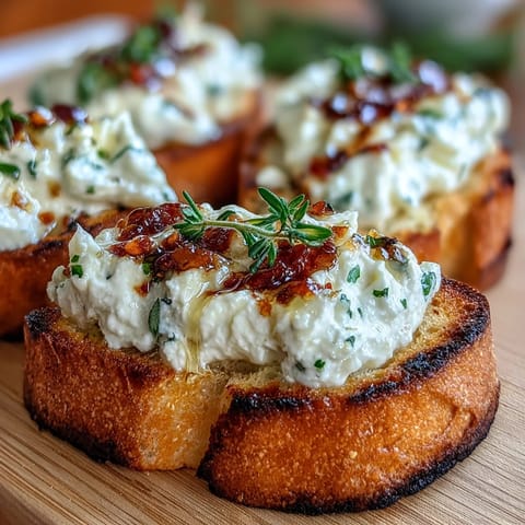 Fresh thyme garnish crowns these bite-sized Hot Honey Goat Cheese Crostini, arranged on a rustic wooden serving board.