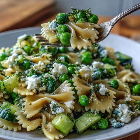 Fresh Spring Pea and Mint Pasta Salad with Lemon Vinaigrette showcases sweet peas, tender pasta, and crumbled feta on a plate.
