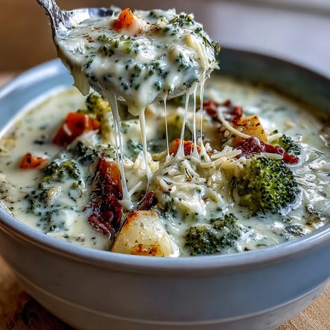 A hearty bowl of Creamy Garlic Parmesan Veggie Soup topped with extra Parmesan and served hot.  