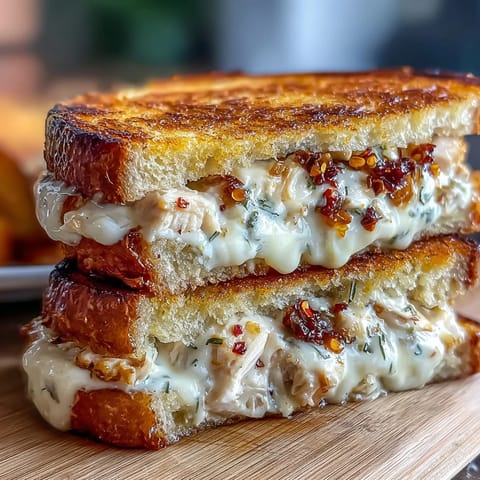 Golden sourdough grilled cheese oozing with creamy goat cheese and shredded chicken, drizzled with spicy hot honey for a sweet and savory bite.