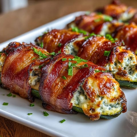 Keto bacon-wrapped zucchini boats filled with creamy herb cheese, baked until golden and crispy.