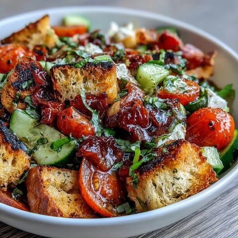 Hearty sourdough croutons mingle with juicy heirloom tomatoes and fresh basil vinaigrette in this rustic Italian panzanella salad.  