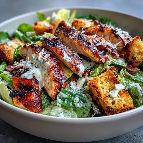 A fresh, protein-packed twist on Caesar salad with tangy Greek yogurt dressing, grilled chicken, and golden sourdough croutons.  