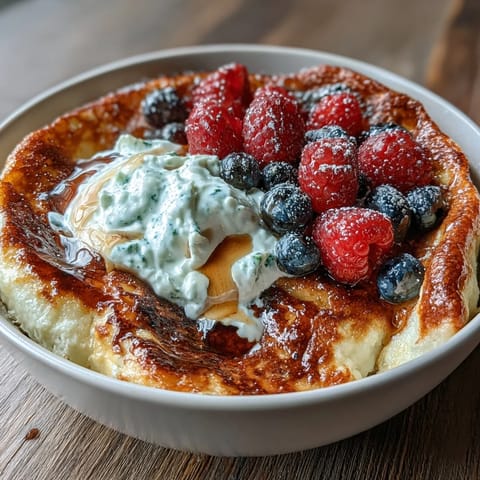 Fluffy baked pancake bowl packed with 40g protein, drizzled with maple syrup and sprinkled with chocolate chips for a sweet morning treat.