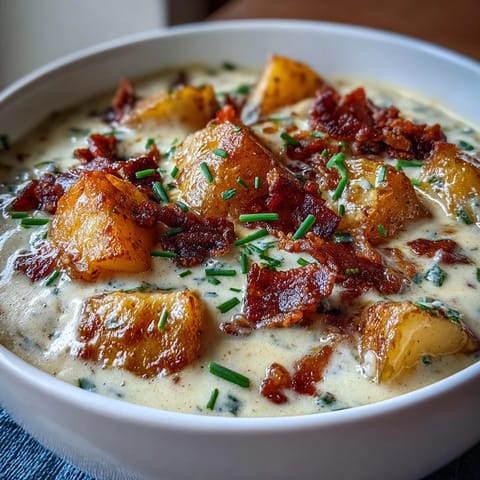 Creamy baked potato soup with crispy bacon, melted cheddar, and fresh chives in a rich, velvety broth.  