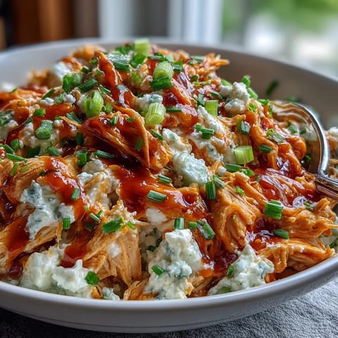 Buffalo chicken salad with cottage cheese in a white bowl, garnished with celery and served with crackers.  