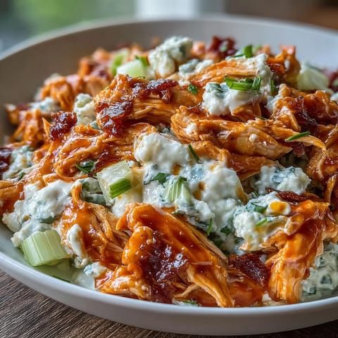Creamy cottage cheese buffalo chicken salad with shredded cheddar, diced celery, and onion, ready for a healthy lunch.  