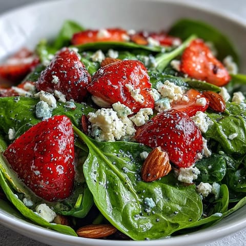 Baby in Bloom Spinach Strawberry Salad with Poppy Seed Dressing, featuring fresh baby spinach, juicy strawberries, and crunchy almonds.  