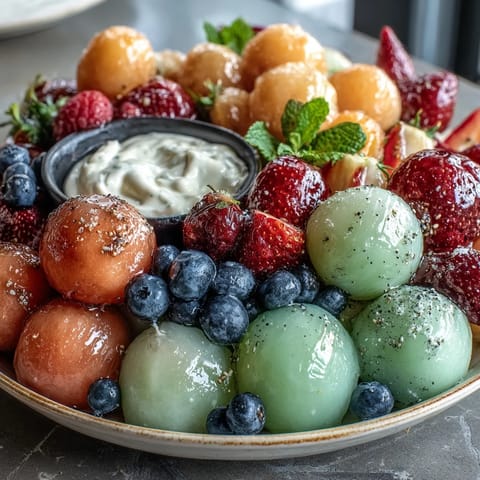 A colorful fruit platter with watermelon, cantaloupe, and honeydew balls, served with a creamy honey-lime yogurt dip.  