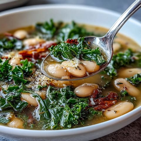 A steaming bowl of kale and white bean soup with bright lemon and garlic, perfect for a nourishing lunch.
