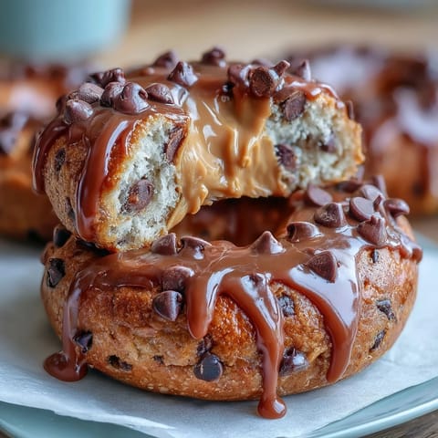 Chocolate chip protein bagels with peanut butter drizzle, golden brown and chewy, served on a rustic wooden board for a wholesome breakfast.