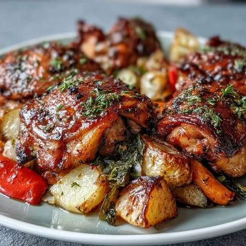 Juicy chicken thighs and colorful roasted vegetables on a single sheet pan, perfect for easy weeknight meals.  