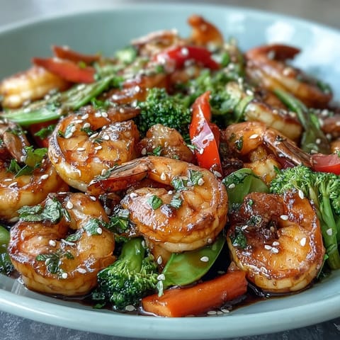 A colorful shrimp stir-fry with crisp vegetables in a savory garlic-ginger sauce, served over steamed rice.  