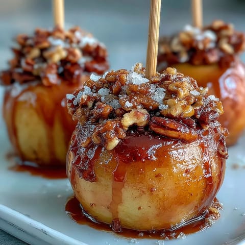 Caramel candy apple slices with crushed peanuts, drizzled in rich caramel and sprinkled with crunchy nuts for a sweet, salty treat.