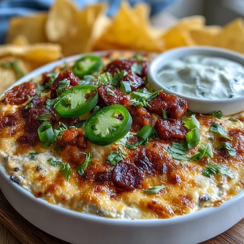 Creamy Cinco de Mayo queso dip with spicy chorizo and fresh pico de gallo, served with crispy tortilla chips.