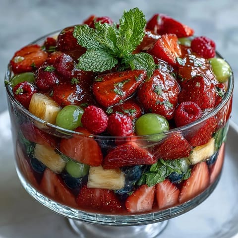 Bright and colorful strawberry lemonade fruit salad with juicy strawberries, blueberries, and watermelon in a zesty lemon-honey dressing.