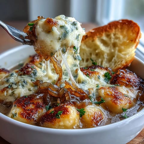 Warm bowl of Gnocchi French Onion Soup with golden melted cheese and toasted baguette slices.
