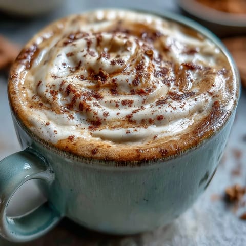 Cozy bowl of adaptogens latte, creamy, sweet, and dusted with spice.