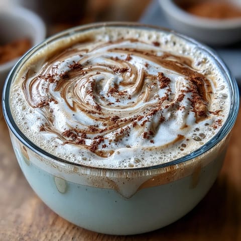 Warm adaptogen latte with ashwagandha, reishi, and frothy cinnamon topping.