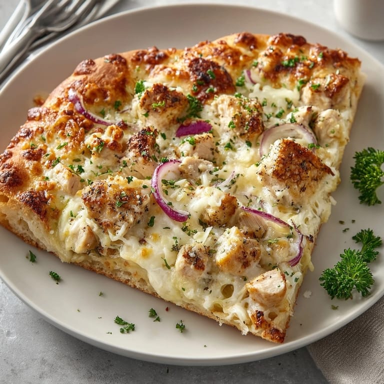 Sliced Garlic Alfredo Chicken Pizza served hot, creamy sauce and tender chicken inviting each bite.