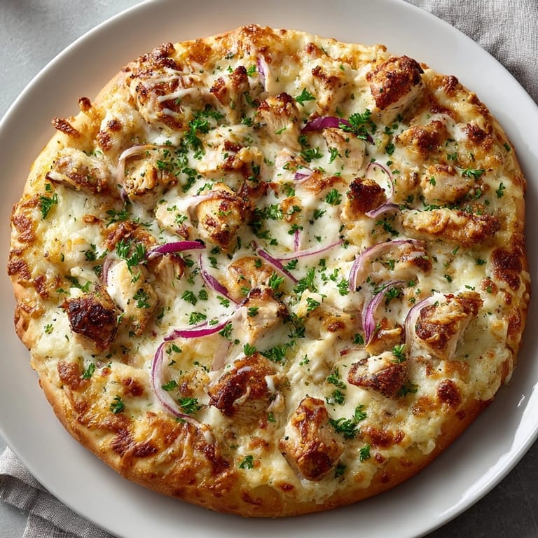 A comforting Garlic Alfredo Chicken Pizza garnished with parsley, perfect for family pizza night.