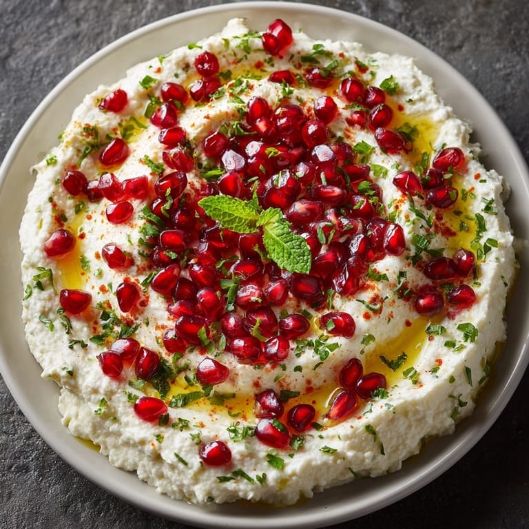 Festive Mediterranean-style pomegranate and feta cheese dip garnished with mint and scallions.
