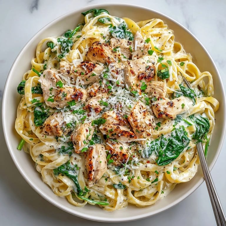 Close-up of creamy chicken Alfredo pasta mixed with tender chicken and sautéed spinach.