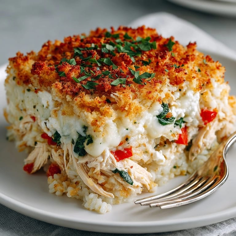 Savory Chicken, Rice, and Feta Casserole served hot, featuring creamy rice and melted cheese.