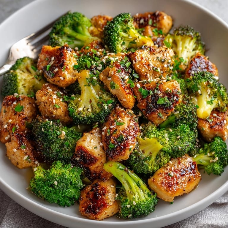 Juicy Garlic Butter Chicken &amp; Broccoli with golden chicken pieces and vibrant green vegetables, ready for dinner.
