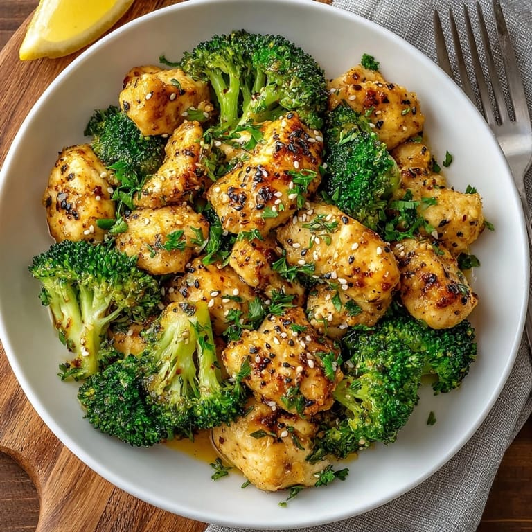 One-pan Garlic Butter Chicken &amp; Broccoli plated hot, perfect for a speedy, flavorful weeknight meal.