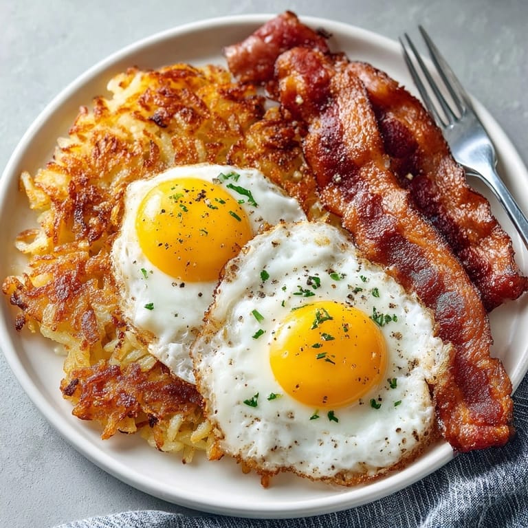 Classic bacon, eggs, and hash browns breakfast plated with perfectly cooked eggs and savory aroma.