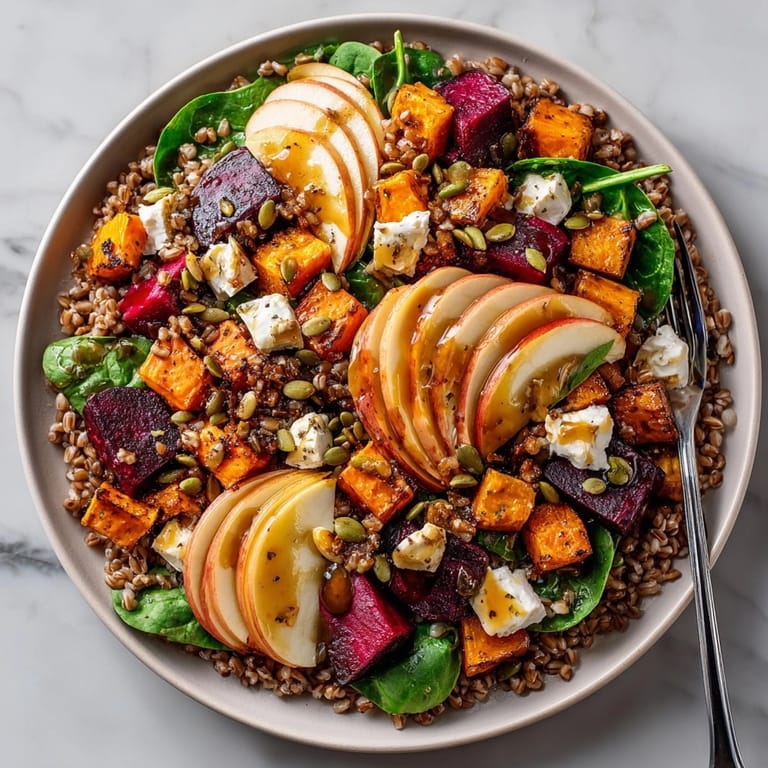 Autumn Harvest Farro Salad tossed with roasted root veggies and pepitas on a fresh spinach base.