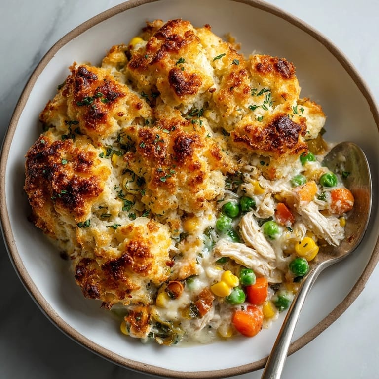 Freshly baked Cheesy Skillet Chicken Pot Pie Casserole in a cast iron skillet, perfect for family dinner.