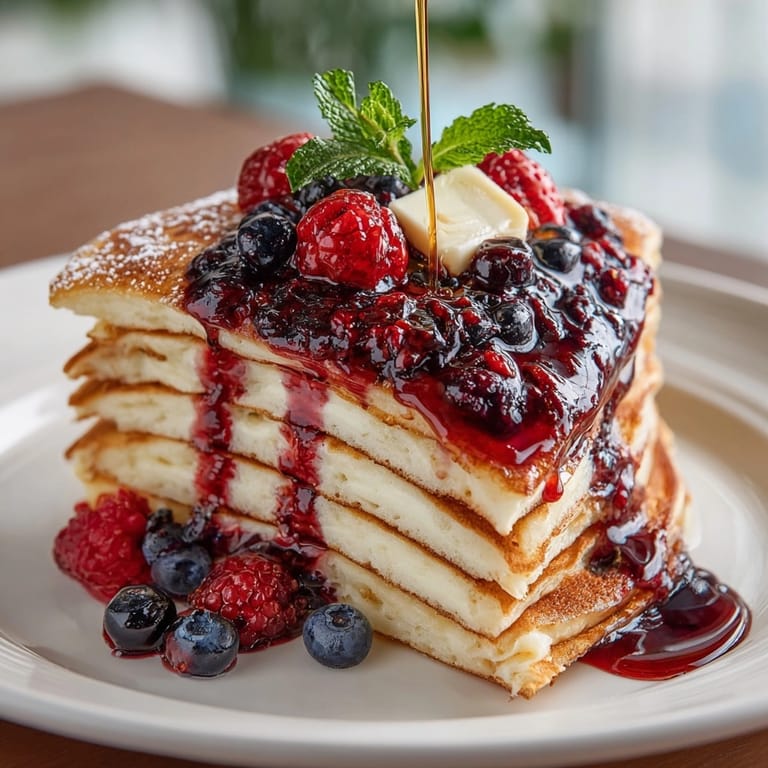 Tall, golden fluffy buttermilk pancake stack piled high with vibrant maple berry compote for breakfast.