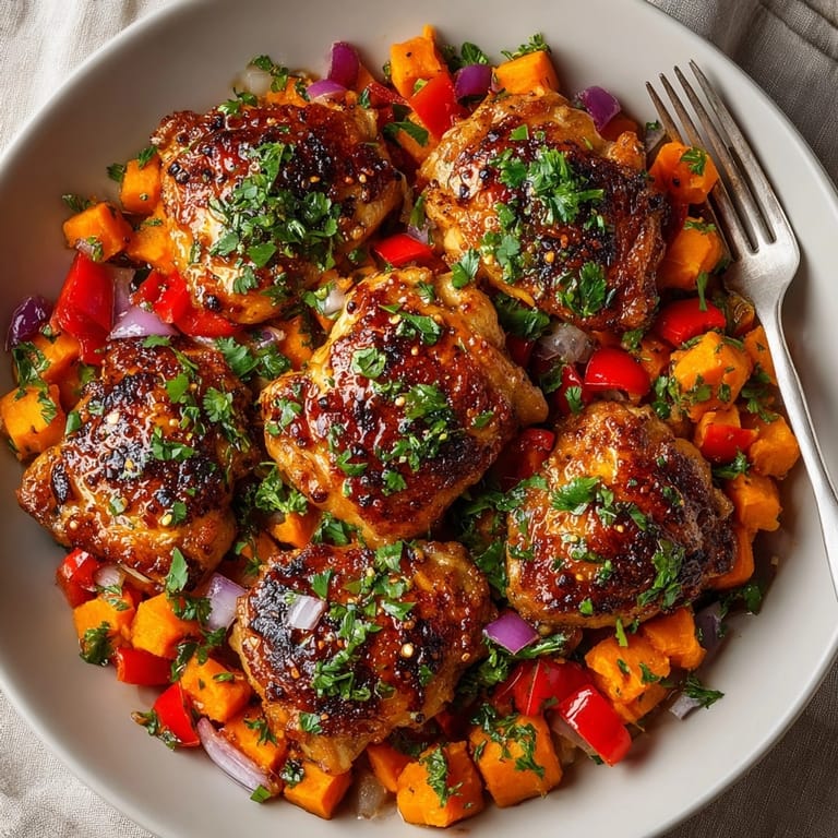 Close up of roasted one-pan honey garlic chicken and sweet potato hash, crispy skin and vibrant veggies.