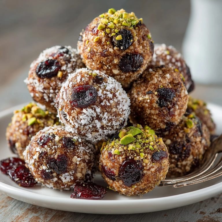 Close-up of Cherry-Coded Chocolate Energy Bites with Pistachios, featuring gooey cherries and crunchy pistachio coating.