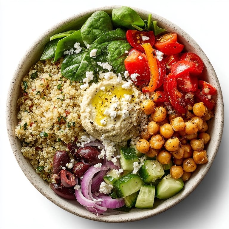 Freshly made Mediterranean Quinoa Power Bowl with Lemon Tahini, vibrant and ready for a healthy lunch.