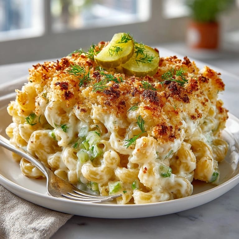 Creamy Pickle-Fix Dill Pickle Mac and Cheese Bake topped with crispy panko and vibrant green dill.