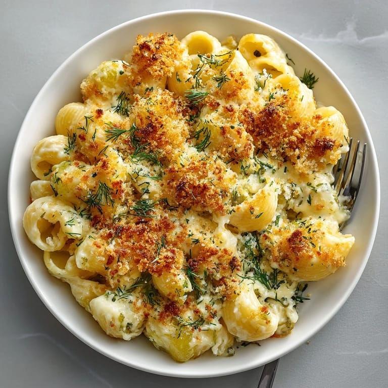 Served hot, Pickle-Fix Dill Pickle Mac and Cheese Bake features tangy pickles and gooey cheddar throughout.