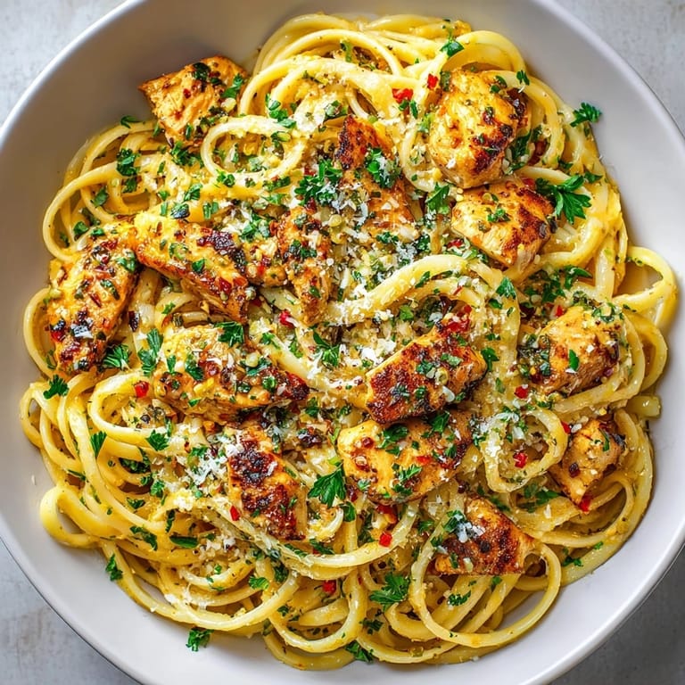 A steaming bowl of Cowboy Butter Chicken Linguine, a vibrant meal with a spicy, buttery, flavorful sauce.